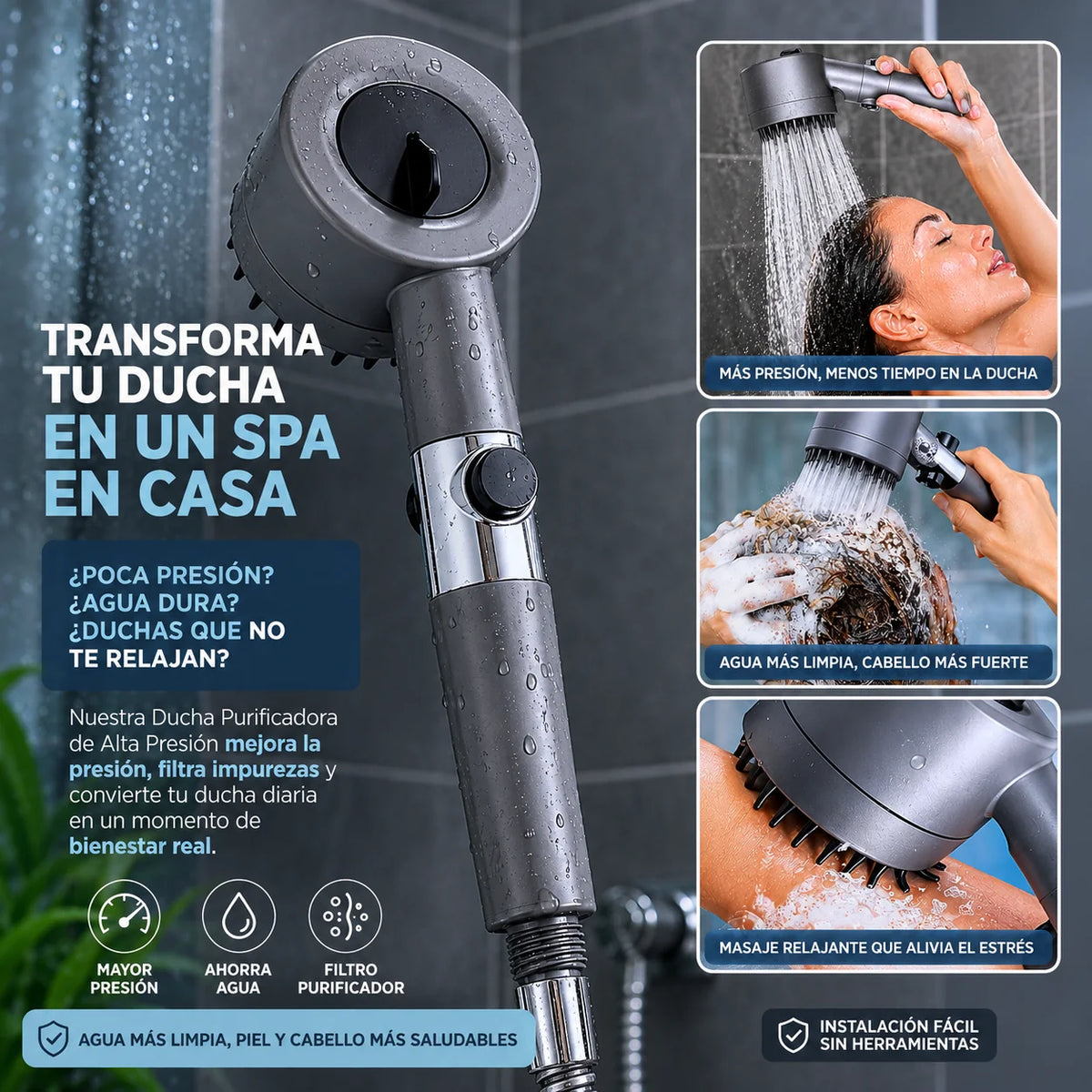 HydroShower™ | Cabezal de Ducha de Alta Presión con Filtro